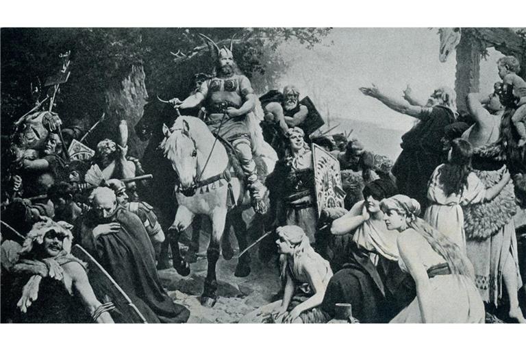 Arminius kehrt nach der Schlacht gegen die Römer im Jahr 9 n. Chr. heim (Druck um 1900).