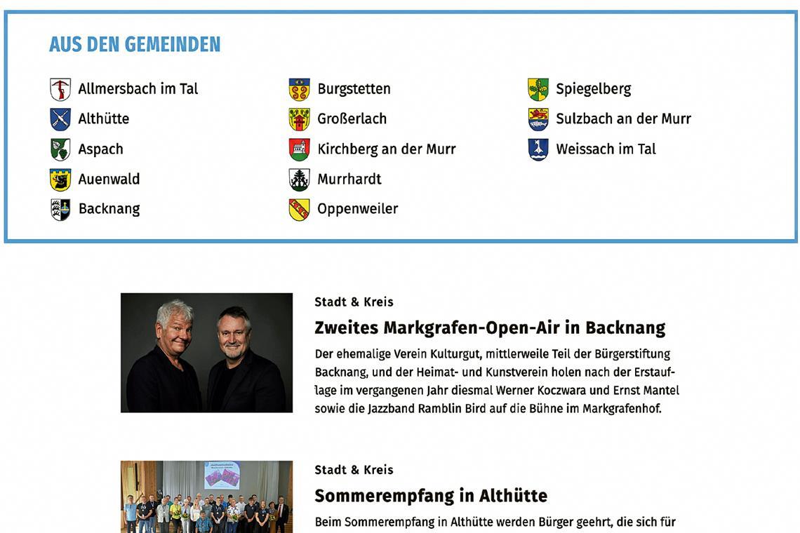Unsere Website erscheint in neuem Gewand Artikel aus den Städten und Gemeinden können nun ortsbezogen gefunden werden.
