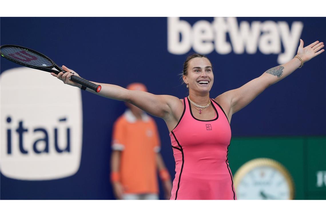Aryna Sabalenka reagiert nach ihrem Sieg.