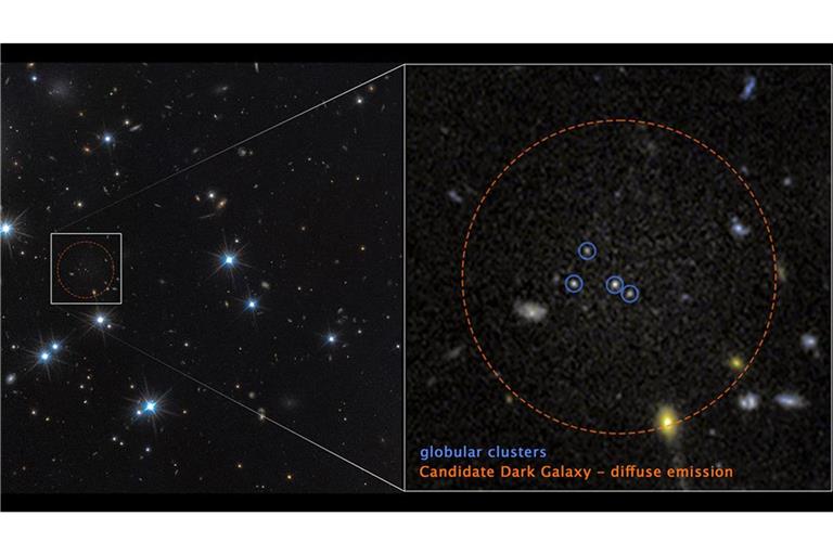 Astronomen haben die bisher extremste dunkle Galaxie entdeckt – sie besteht zu 99,9 Prozent aus Dunkler Materie. Erkennbar ist sie nur an vier Kugelsternhaufen (blaue Kreise).