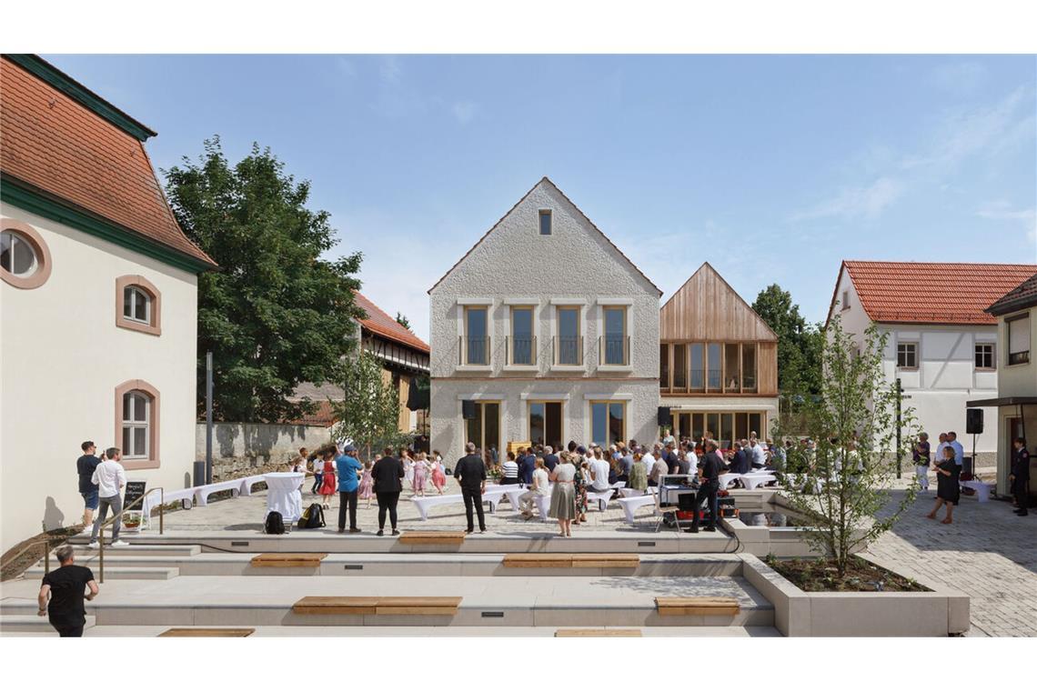 Auch auf der Shortlist: „MittenIm“, ein neues Zentrum in Niederwerrn. Dorfplätze, Gärten und Sitzstufen verbinden Vorhandenes und Neues, gestaltet vom Architekturbüro Schlicht Lamprecht Kern aus Schweinfurt.