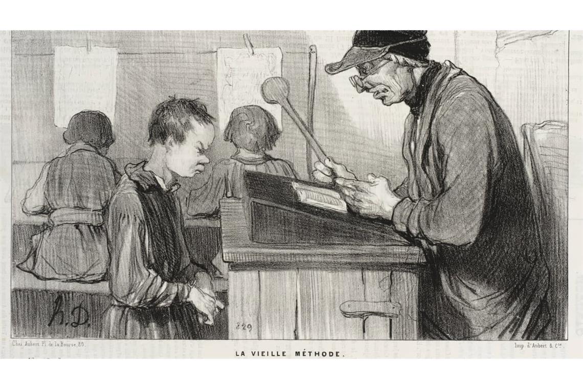 Auch Friedrich Merz bekam sie noch zu spüren - die Prügelstrafe für unartige Pennäler (französische Karikatur von 1845).