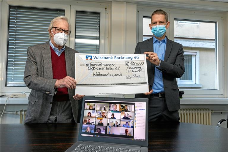 Auch in diesem Jahr mussten Werner Stroh (links) und Kornelius Fritz den symbolischen Spendenscheck per Video übergeben. Foto: A. Becher