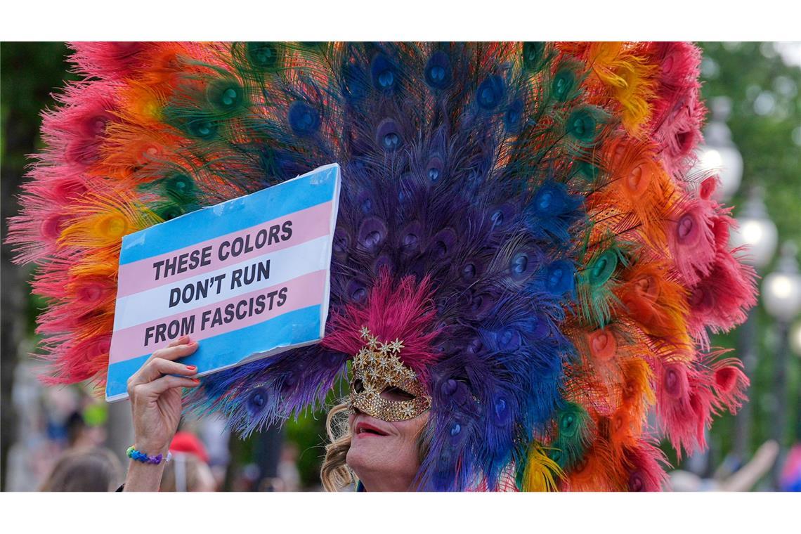 Tausende feiern bei Pride-Parade in Washington Auf dem Plakat eines Pride-Teilnehmers steht: "Diese Farben verstecken sich nicht vor Faschisten".