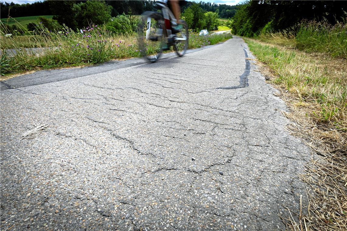 Auf dem Radweg zwischen Burgstall und Erbstetten sind zahlreiche Schäden sichtbar. Foto: Alexander Becher