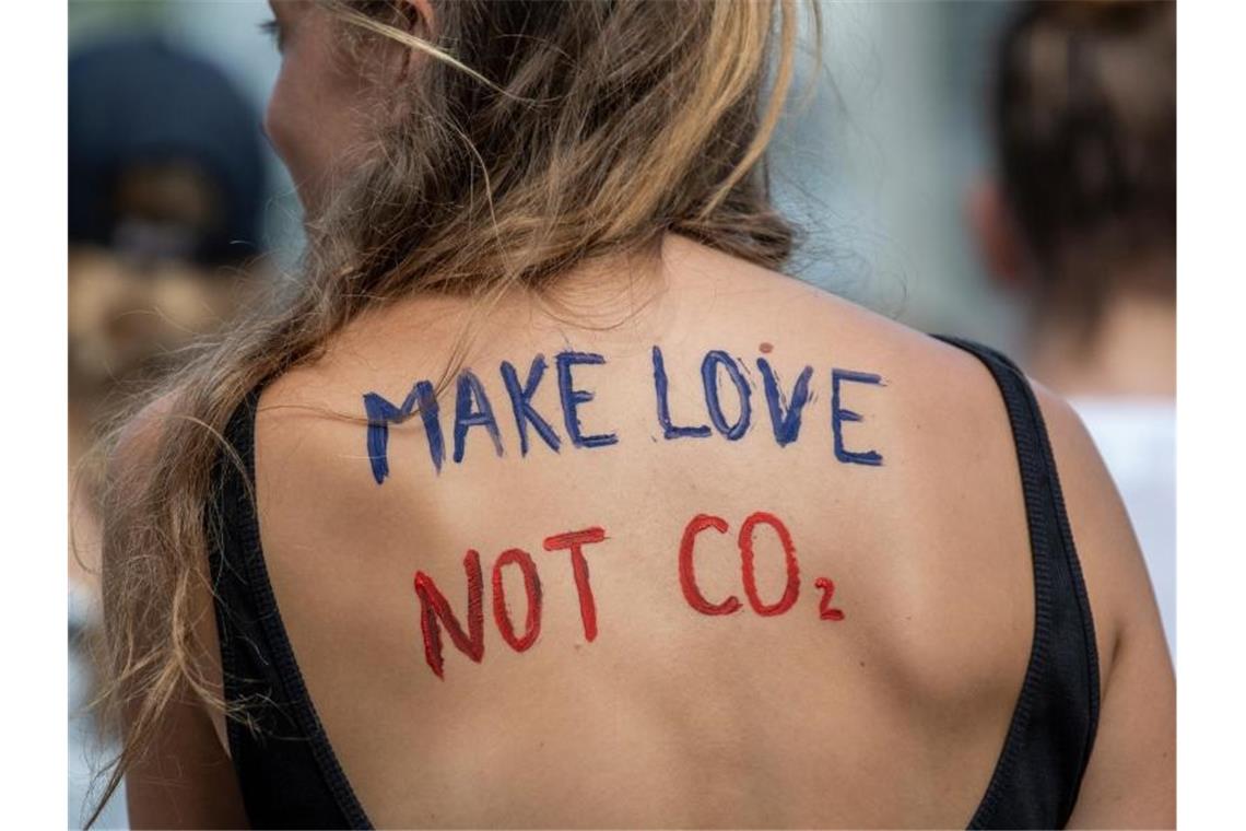 Auf dem Rücken einer Teilnehmerin einer Fridays for Future Demonstration steht "Make love not CO2" geschrieben. Foto: Patrick Seeger
