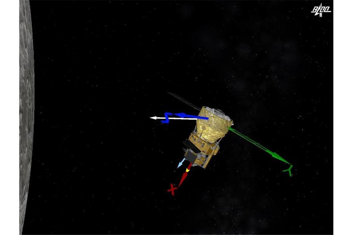 „Chang'e 5“: Landung chinesischer Mondsonde rückt näher Auf der Animation, die von der Nationalen Raumfahrtbehörde China (CNSA) zur Verfügung gestellt wurde, wird simuliert, wie die chinesische Sonde Chang'e-5 einen Bremsvorgang durchführt. Foto: BACC/Handout/Xinhua/dpa
