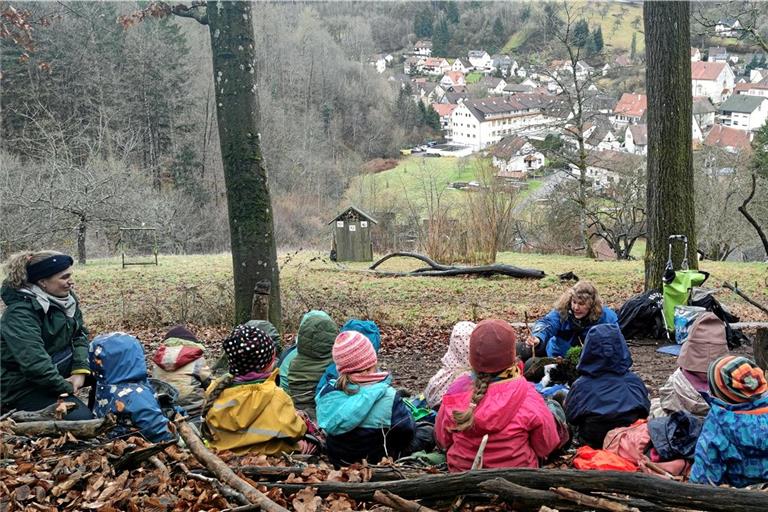 Auf der Vogelterrasse, ein Areal am Waldrand oberhalb des Orts, halten sich die Leiterin Carina Müller (links), ihre Kolleginnen und die Kinder gerne auf. Hierhin wollen sie auch weiterhin gehen, wenn die neue Schutzhütte gebaut ist. Foto: privat