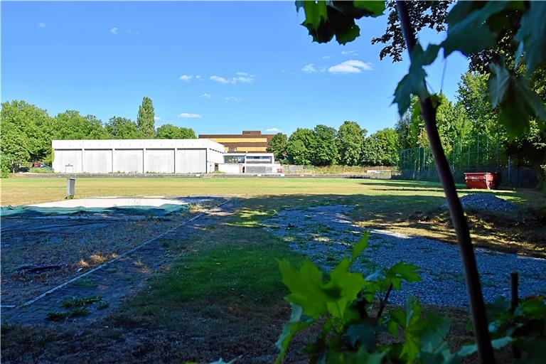 Auf der Wiese neben der Sporthalle des Beruflichen Schulzentrums Backnang sollen demnächst mehrere Zelte als Notunterkunft für Geflüchtete aufgebaut werden. Foto: Tobias Sellmaier