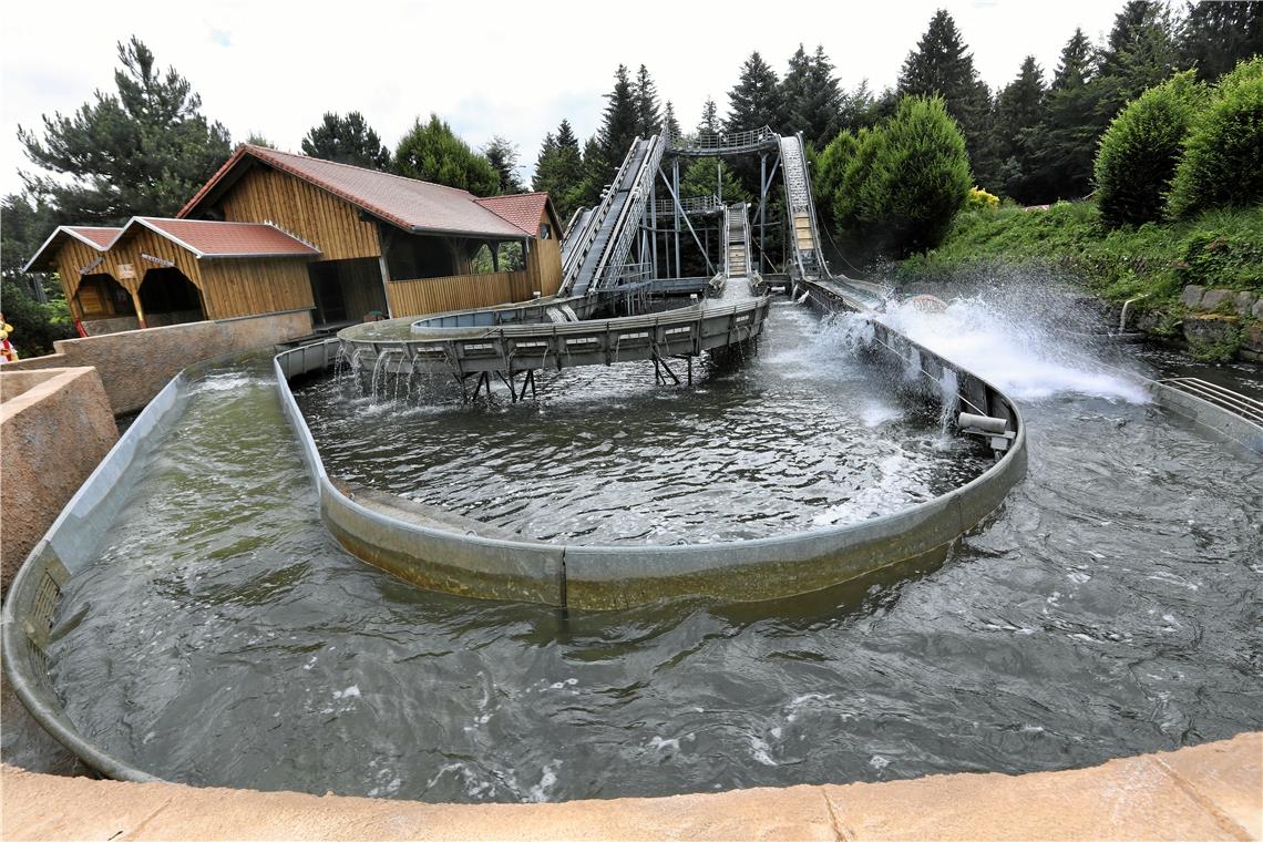 Auf die Wildwasserbahn „Kroko Splash“ müssen die Besucher des Schwabenparks ebenso verzichten wie auf alle anderen Fahrgeschäfte und Attraktionen. Trotzdem laufen zurzeit die Arbeiten für eine neue Attraktion: die „Hummel Brummel“-Achterbahn. Foto: G. Schneider