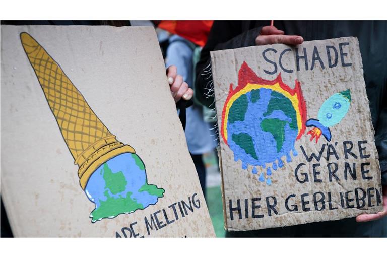 Auf einem Klimaprotest machen Plakate auf die eskalierende Krise aufmerksam. (Symbolbild)
