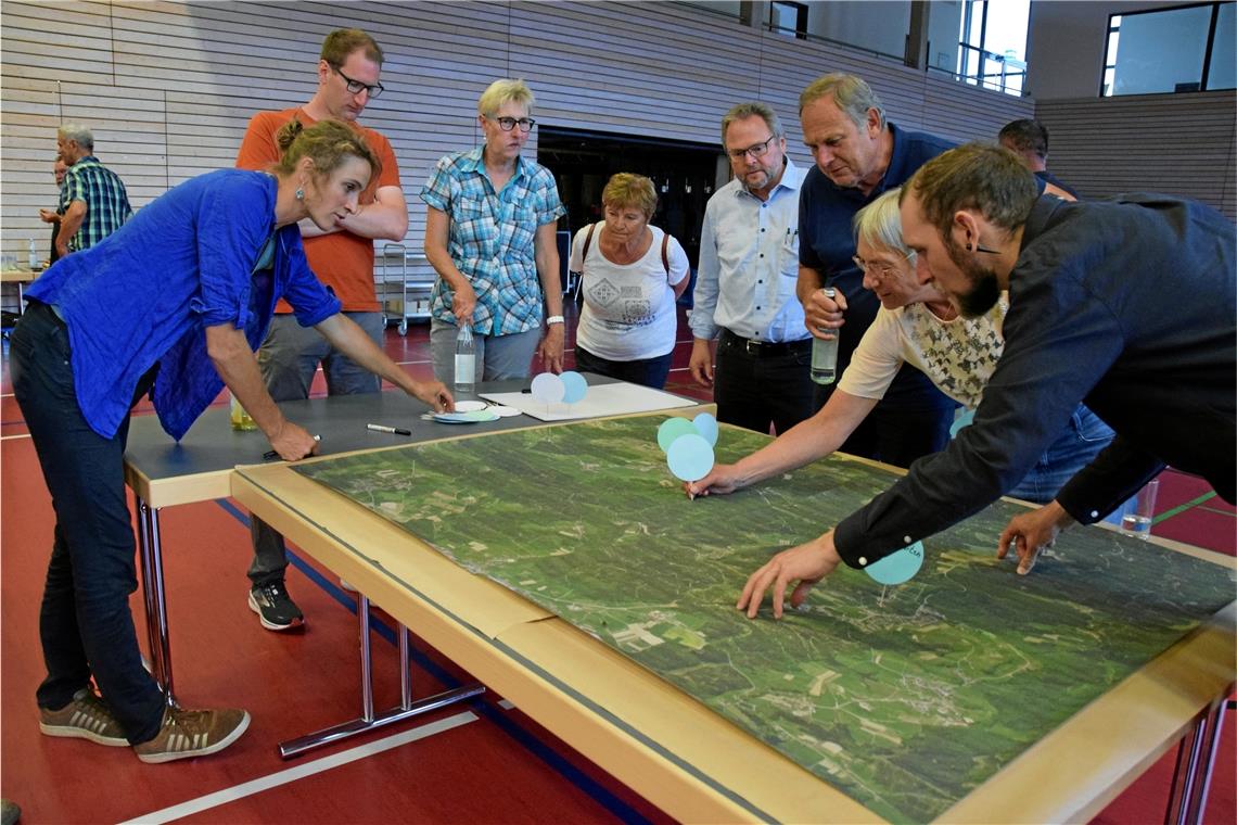 Bürgerwerkstatt: In Großerlach besteht Handlungsbedarf Auf einem Luftbild der Gemeinde markierten die Mitwirkenden mit Steckpunkten Wunscheinrichtungen. Foto: Elisabeth Klaper