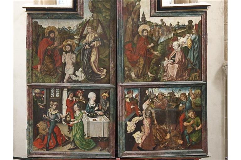 Auf einem Tafelbild des spätgotischen Flügelaltars ist eine Henkerszene zu sehen. Foto: -/Stadtarchiv Crailsheim/dpa