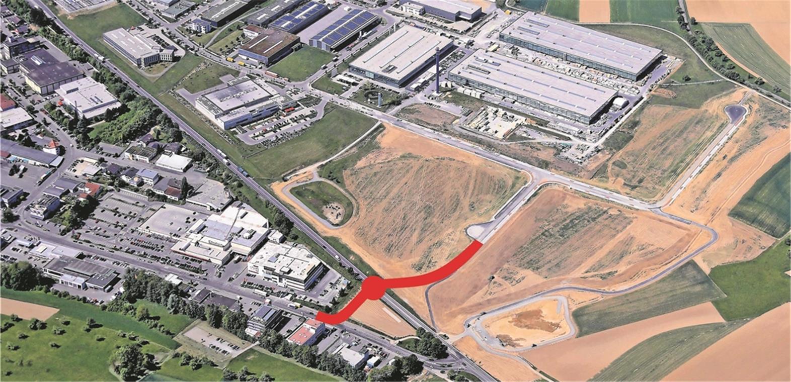 Noch jede Menge Abstimmungsbedarf Auf etwa 600 Meter Länge wird die Bundesstraße14 zwischen der ersten Einfahrt ins Industriegebiet Lerchenäcker und der Einmündung Sulzbacher Straße vierstreifig ausgebaut. Neu und rot eingezeichnet: Der zweite Anschluss des Industriegebiets Lerchenäcker und die geänderte Anbindung der Sulzbacher Straße. Der dafür notwendige Bebauungsplan wird nach den Sommerferien aufgestellt. Foto: F. Muhl