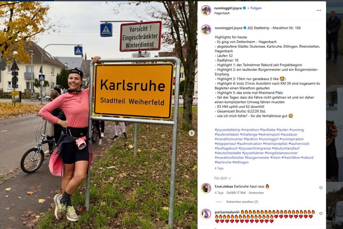 Auf ihrem Instagram-Kanal teilt Joyce Hübner ihre Marathonläufe. Foto: Instagram/runninggirl.joyce