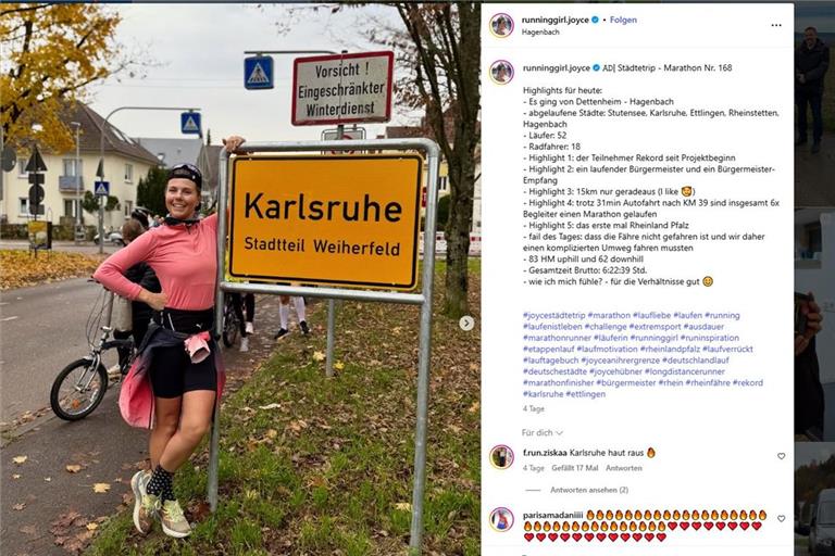 Auf ihrem Instagram-Kanal teilt Joyce Hübner ihre Marathonläufe. Foto: Instagram/runninggirl.joyce