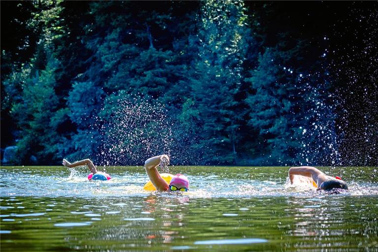 Auf ihrer Runde durch den Ebnisee genießen es Mia Meyer, Pia Jelica und Paris Pappas (von links), anders als im Becken nicht ständig wenden zu müssen. Foto: Alexander Becher