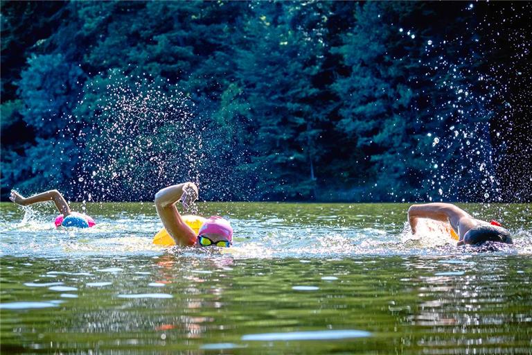 Auf ihrer Runde durch den Ebnisee genießen es Mia Meyer, Pia Jelica und Paris Pappas (von links), anders als im Becken nicht ständig wenden zu müssen. Foto: Alexander Becher