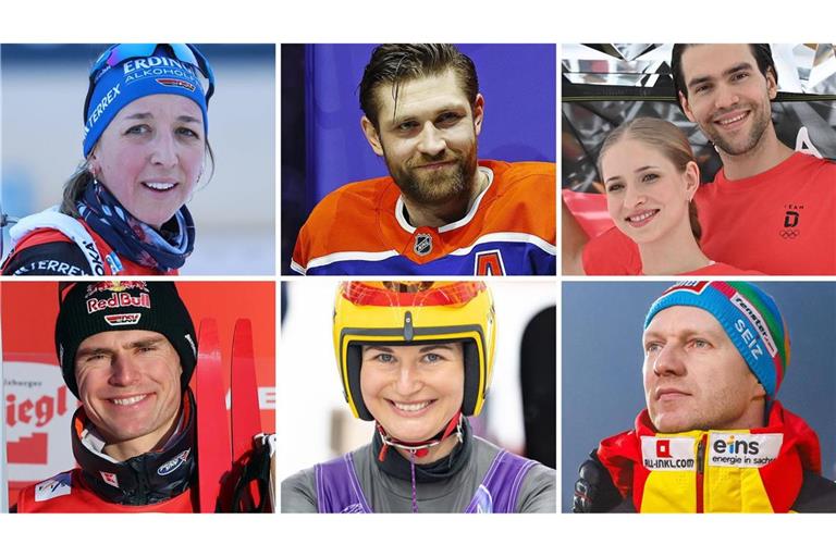 Auf Medaillenkurs: Franziska Preuß, Leon Draisaitl, Minerva Hase/Nikita Volodin (oben von links), Vinzenz Geiger, Julia Taubitz und Francesco Friedrich (unten von links) – weitere Infos gibt es in unserer Bildergalerie.