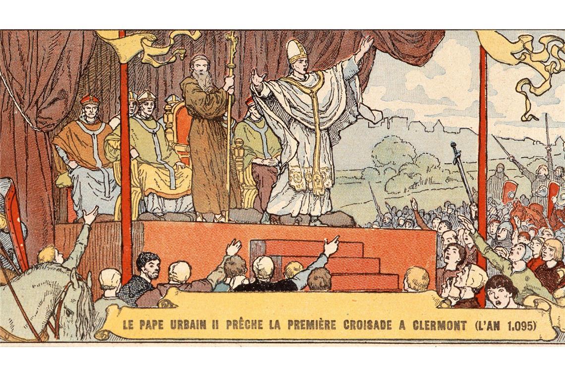 Gott will es! Kreuzfahrer-Motto „Deus vult!“ ist ein Mythos Aufruf zum Kreuzzug: Papst Urban II. ruft bei der Synode im Jahr 1095 im französischen Clermont die abendländischen Ritter zur Befreiung des Heiligen Landes von den Muslimen auf (französische Zeichnung um 1920).