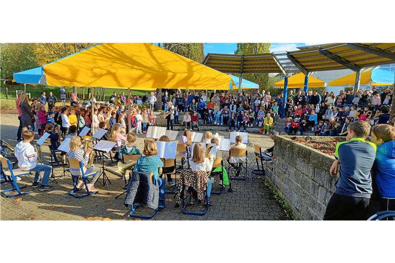 Auftritt der Bläserklasse und des Schulchors zu Beginn des Schulfests in der Grundschule Maubach. Foto: Florian Muhl