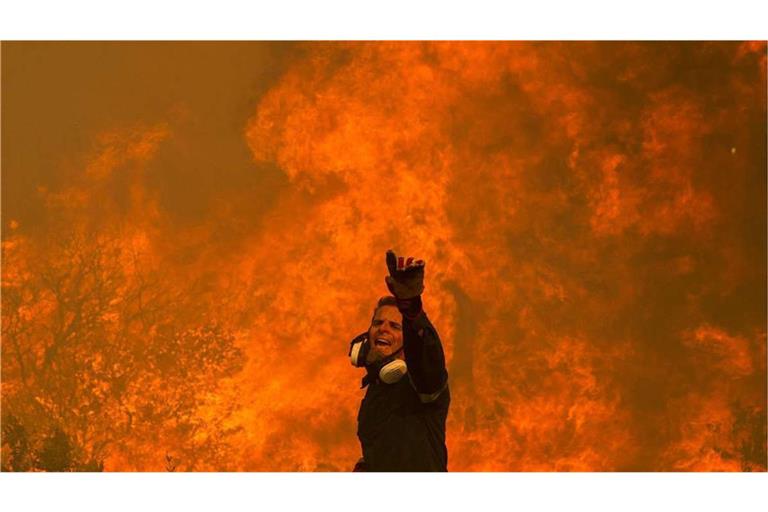 August 2023, Griechenland: Ein Feuerwehrmann kämpft in dem Dorf Hasia in der Nähe von Athen gegen einen Waldbrand.