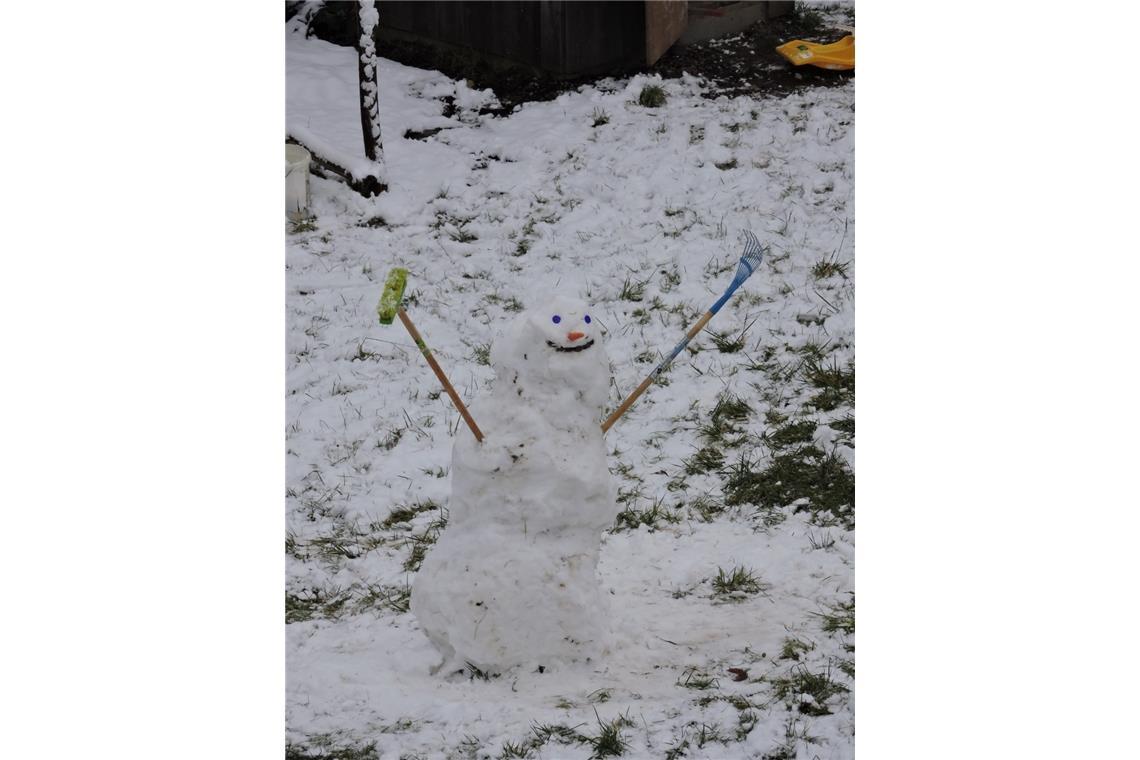 Aus dem verschneiten Garten der Familie Preuß aus Murrhardt winkt dieser Schneem...