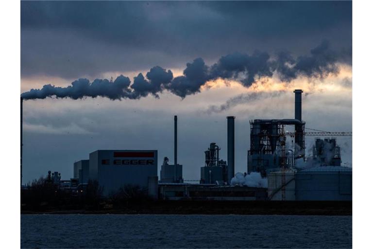 Aus den Schornsteinen der Holzwerke am Wismarer Hafen steigt Rauch auf. Foto: Jens Büttner/dpa-Zentralbild/dpa