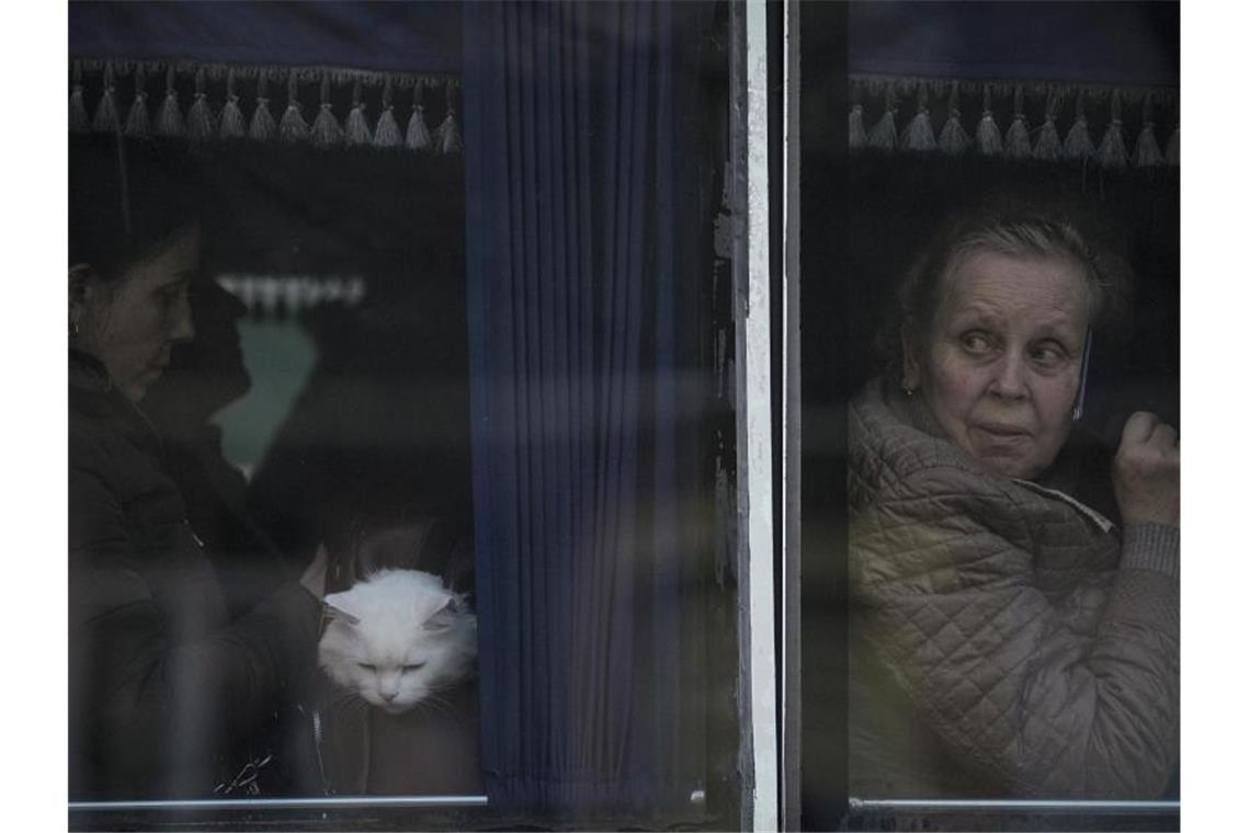 Krieg gegen die Ukraine: So ist die Lage Aus ihrer Heimat vertriebene Menschen warten in einem Bus darauf, dass ukrainische Polizisten ihre Papiere und Habseligkeiten kontrollieren. Foto: Vadim Ghirda/AP/dpa