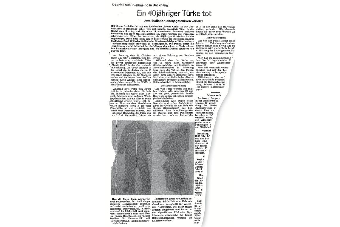 Überfall nach Mafiamanier Ausriss aus der Backnanger Kreiszeitung vom 30. Oktober 1978.