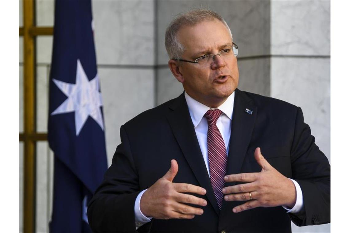 Australiens Premier Scott Morrison am Donnerstag während einer Pressekonferenz im Parlamentsgebäude in Canberra. Foto: Lukas Coch/AAP/dpa