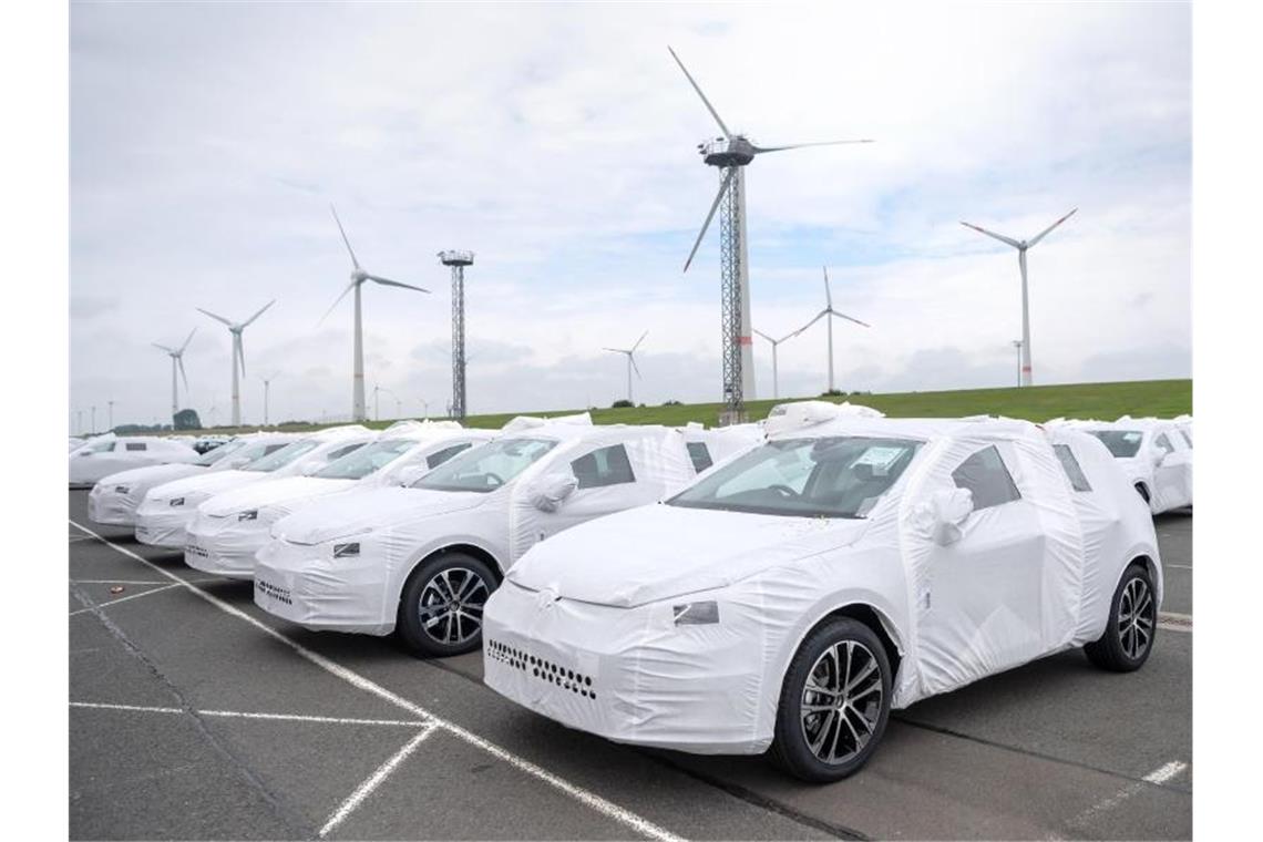 Autos von Volkswagen stehen für den Export in Schutzhüllen am Hafen in Emden. Foto: Sina Schuldt/dpa