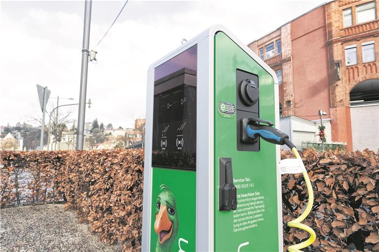Backnangs erste öffentlicher E-Ladesäule auf dem Parkplatz Bleichwiese. Foto: J. Fiedler