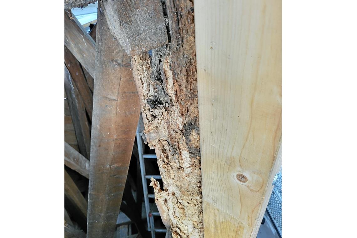 „Der Turm steht nur durch Gottes Gnade“ - Baustopp in Oppenweiler Balken sind von Insekten zerfressen, sporadisch angebrachter Ersatz gibt nun Stabilität.