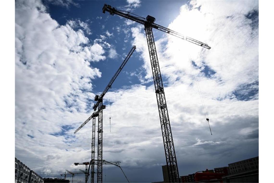 Baukräne ragen in den Himmel. Foto: Britta Pedersen/dpa-Zentralbild/dpa/Symbolbild