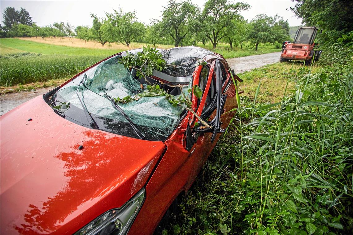 Autofahrerin schwer verletzt Baum kracht auf Auto: Mutter mit 2 Kindern fast erschlagen - Frau lebensgefährlich verletzt, Kinder leichtBaden-Württemberg, 71336 Waiblingen, Deutschland Foto: 7aktuell.de