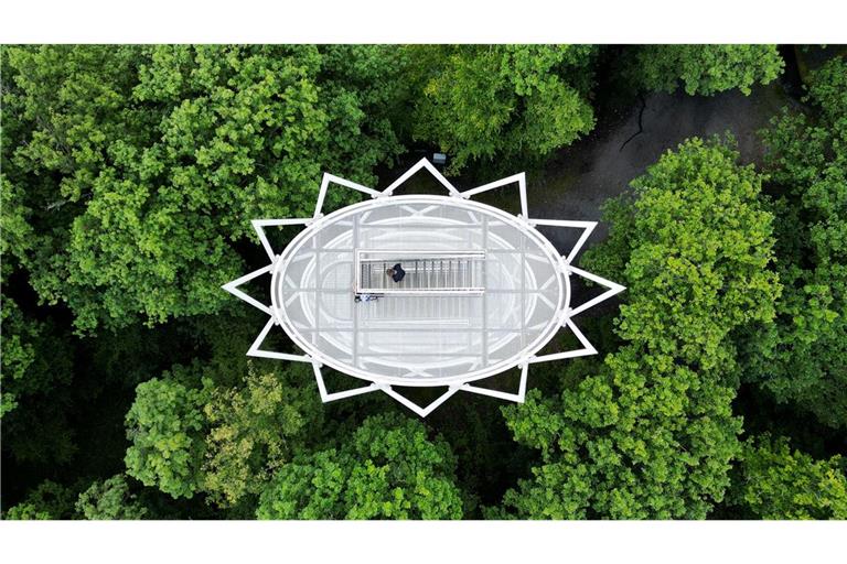 "Baum-Krone": Wie eine weiße Krone ragt der Hardtbergturm bei Königstein aus dem Wald empor (Luftaufnahme mit einer Drohne).