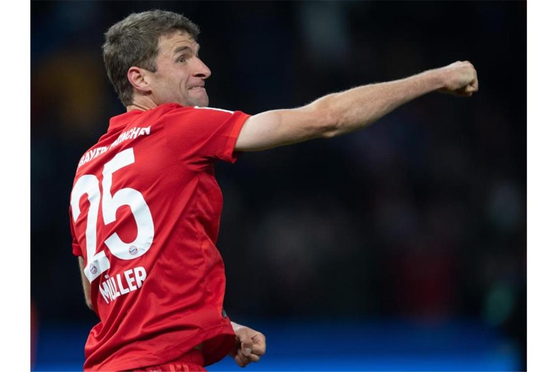 Bayern-Stürmer Thomas Müller traf in Berlin zum zwischenzeitlichen 1:0. Foto: Soeren Stache/dpa-Zentralbild/dpa