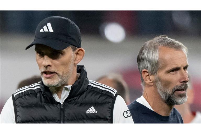Bayern-Trainer Thomas Tuchel (l) und RB-Coach Marco Rose treffen am Samstag mit ihren Mannschaften aufeinander.