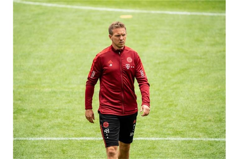 Bayerns neuer Trainer Julian Nagelsmann bei der Team-Präsentation in der Allianz Arena. Foto: Matthias Balk/dpa