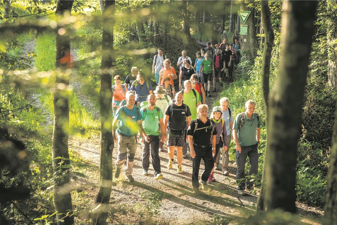 Multitalente für nachhaltige Entwicklung Begegnung und Naturerleben im Schwäbisch-Fränkischen Wald: Naturparkführer Walter Hieber (vorne Mitte, in Schwarz) mit der Wandergruppe beim Hörschhof, die sich auf eine 24-Stunden-Tour unter dem Motto „Schlaflos im Schwäbischen Wald“ gemacht hat. Archivfoto: A. Becher