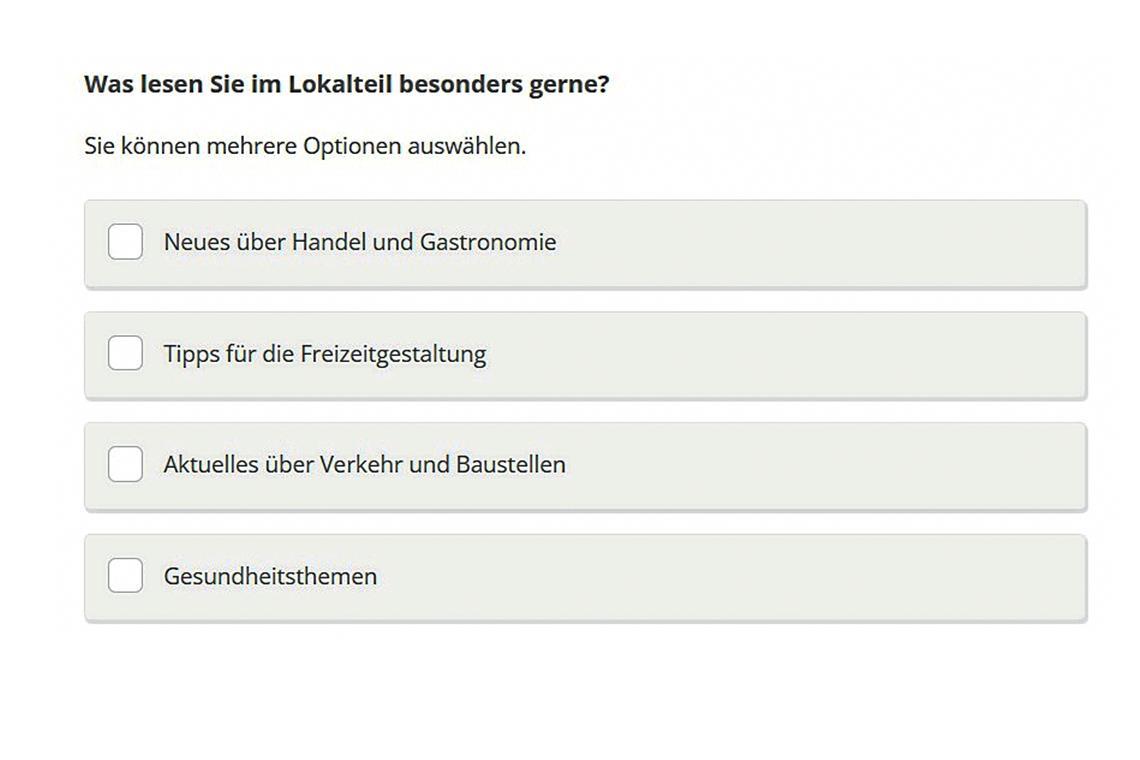 Bei der Leserbefragung geht es unter anderem darum, welche Inhalte Sie im Lokalteil besonders gerne lesen und worauf sie auch verzichten könnten.