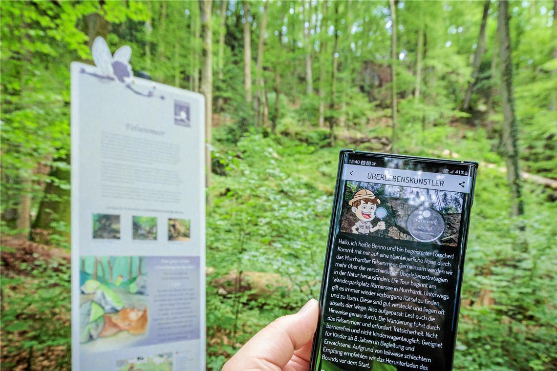 Neuester Naturparkbound führt durchs Felsenmeer bei Murrhardt Bei der neuesten digitalen Rätseltour „Überlebenskünstler“ führt einen der junge Forscher Benno durchs Gelände. Fotos: Stefan Bossow