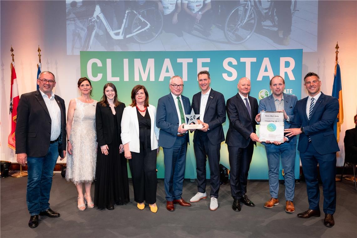 Rems-Murr-Kreis erhält europäischen Klimaschutzpreis Bei der Preisverleihung dabei waren (von links): Robert Leven (Klimabündnis Niederösterreich), Claudia Bell (RMK), Nadine Hügler (Stabsstelle Klimaschutz Landratsamt), Petra Schön (Klimabündnis), Stephan Pernkopf (Stellvertreter des Landeshauptmanns), Richard Sigel, Michael Klor-Berchtold (deutscher Botschafter), Jochen Schäufele (Umweltschutzamt Landratsamt) und Stefan Hein (Landratsamt). Foto: Klimabündnis Niederösterreich, Tobias Nolz