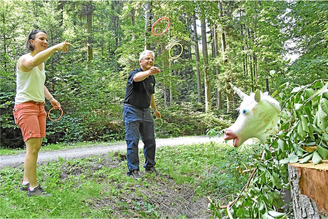 Temporärer Waldentdeckerpfad für Familien in Allmersbach im Tal Bei der Station „Märchenwald“ gilt es, möglichst viele Ringe über das Horn eines Einhorns zu werfen. Fotos: Tobias Sellmaier