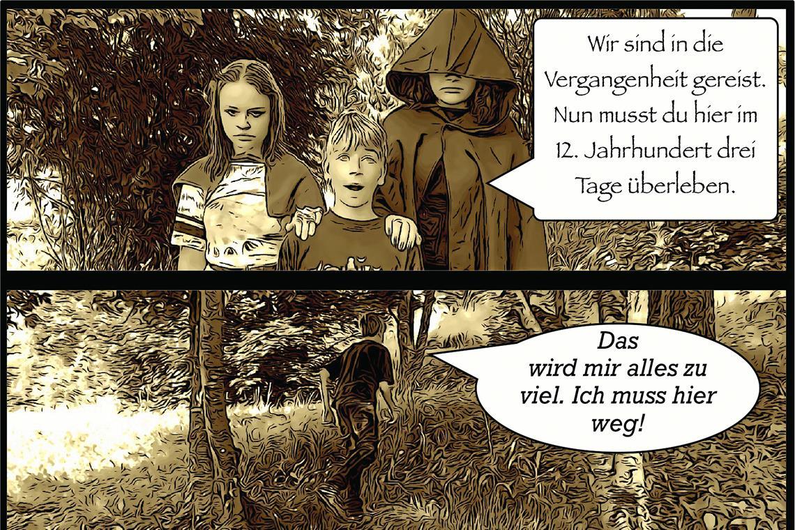 Murrhardter Schule als „Digitale Schule“ ausgezeichnet Bei einem Kunstprojekt haben Siebtklässler über Fotos auf dem Schulgelände eine Comicerzählung als Fortsetzungsgeschichte des Zauberlehrlings geschaffen. Grafik: HvZG