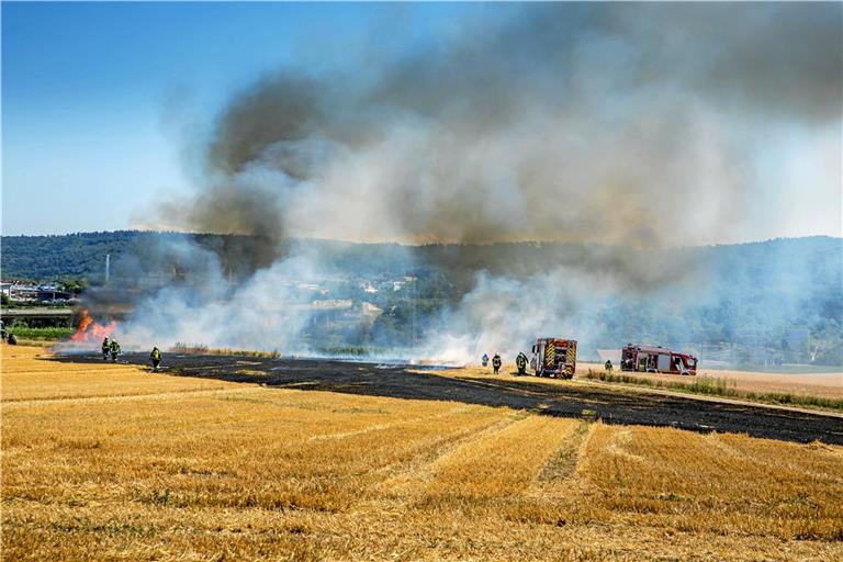 Bei einem massiven Flächenbrand bei Leutenbach schlagen die Flammen meterhoch aus einem Getreidefeld. Foto: 7aktuell.de/Kevin Lermer
