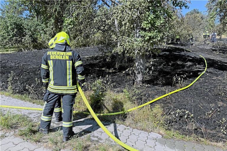 Bei Öschelbronn löschen die Feuerwehrleute einen Brand, von dem 800 Quadratmeter Wiese betroffen waren. Foto: 7aktuell.de/Kevin Lermer