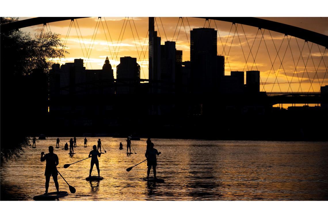 Bei Sicht auf die Skyline im letzten Licht des Tages fahren Stand-Up-Paddler in Nähe der Frankfurter Osthafenbrücke über den Main.