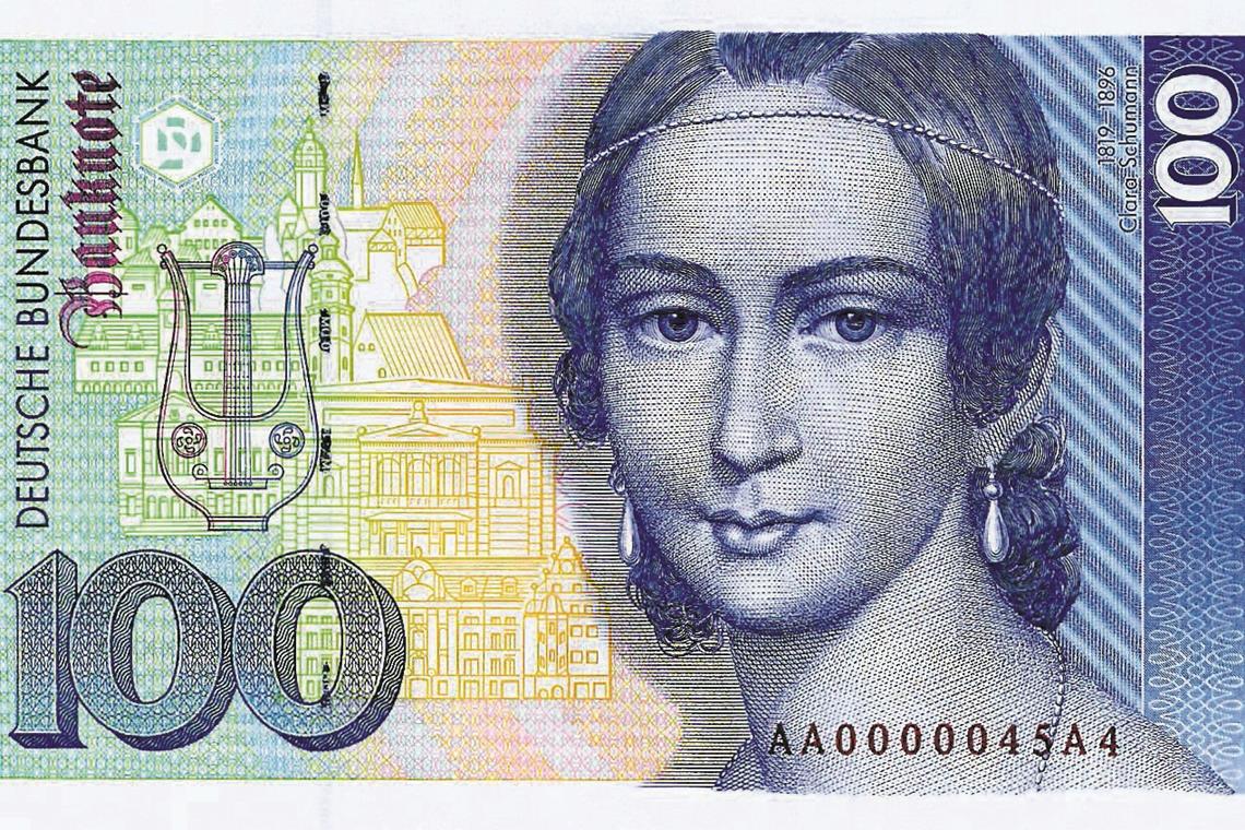 Bei vielen noch gut im Gedächtnis: Die 100-Mark-Note mit dem Abbild von Clara Schumann (1819 bis 1896). Die Komponistin und Pianistin zierte die Vorderseite der Banknote ab 1. Oktober 1990.